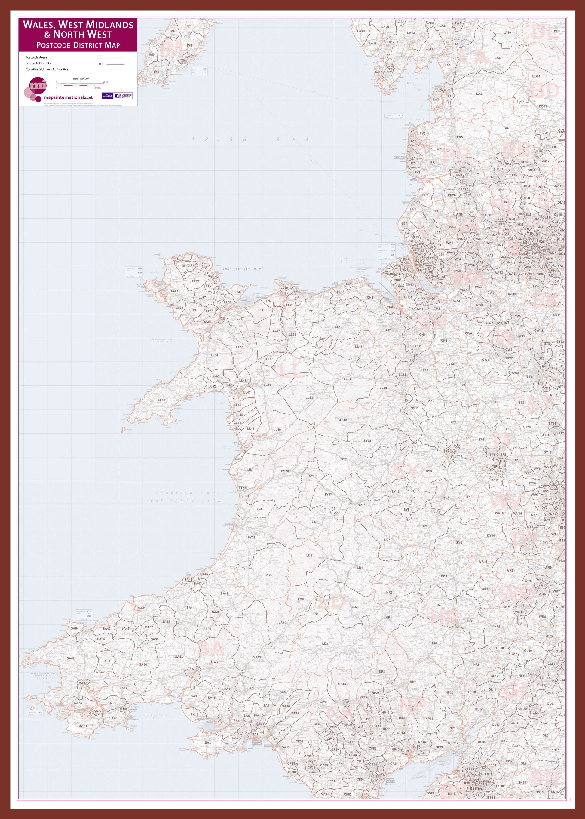 UK00038_L_LBDOK - Wales, West Midlands and North West Postcode District Map