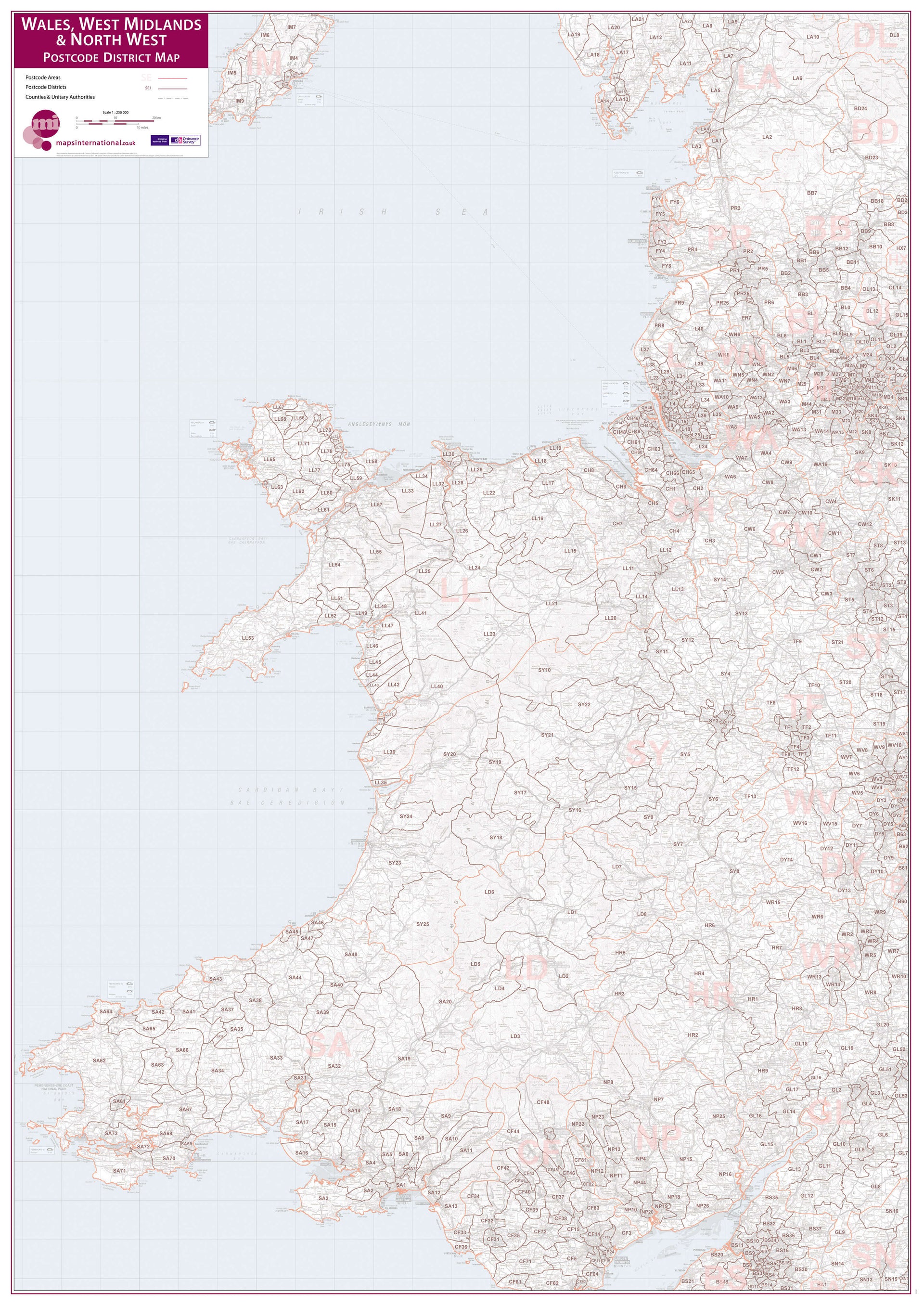 UK00038_L_PAPER Wales West Midlands North West Postcode District Map
