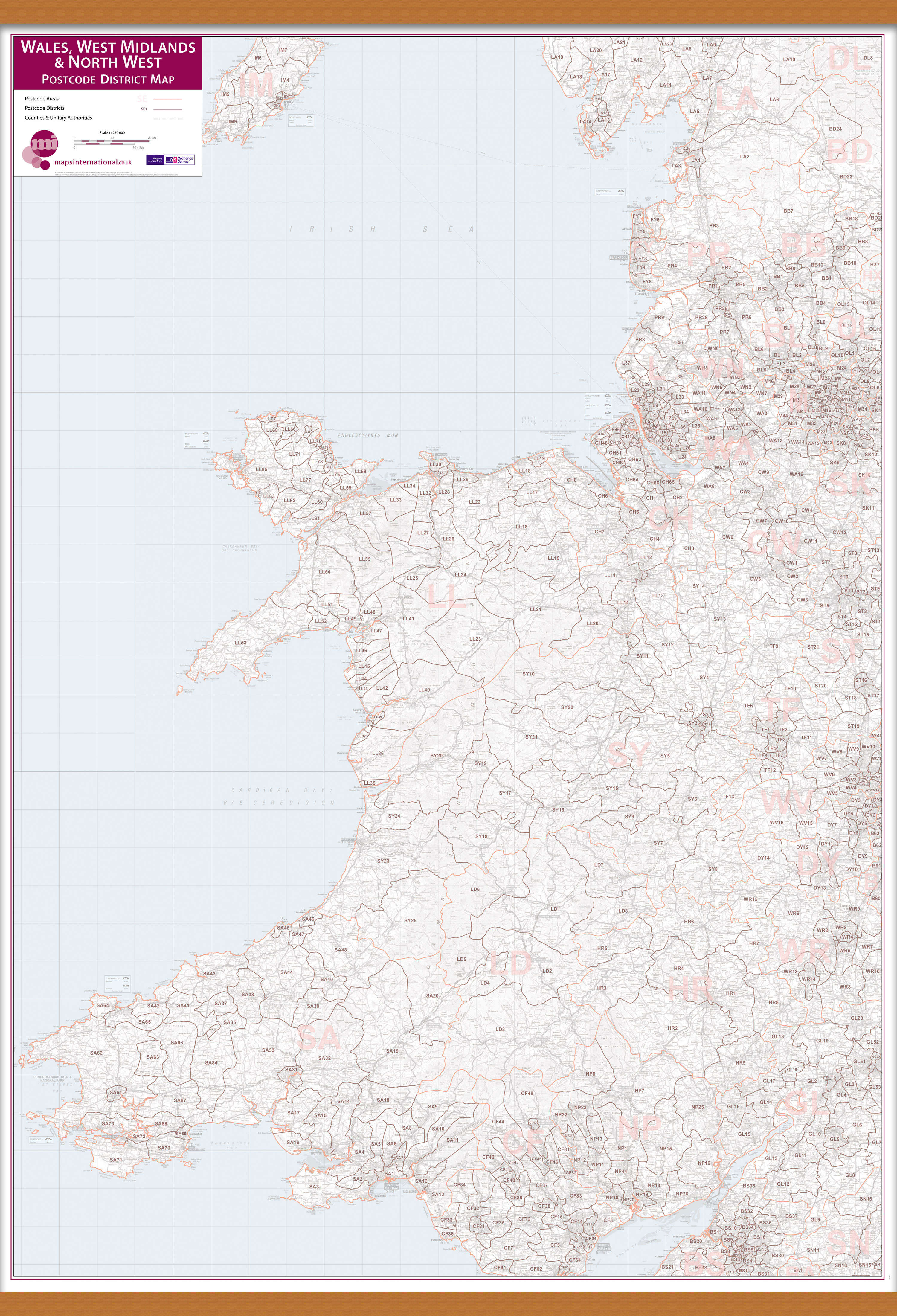 UK00038_L_LWDHB - Wales, West Midlands and North West Postcode District Map