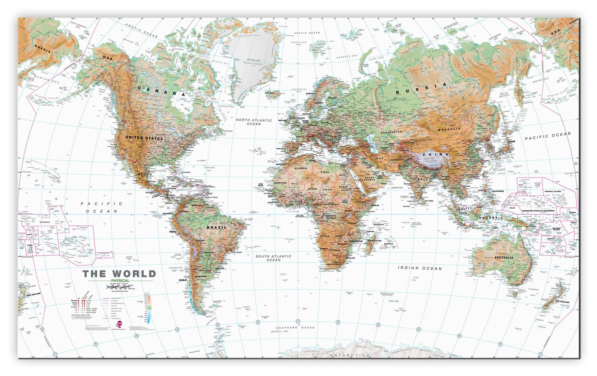 WM00914_H_CANVA - World Wall Map Physical White Ocean