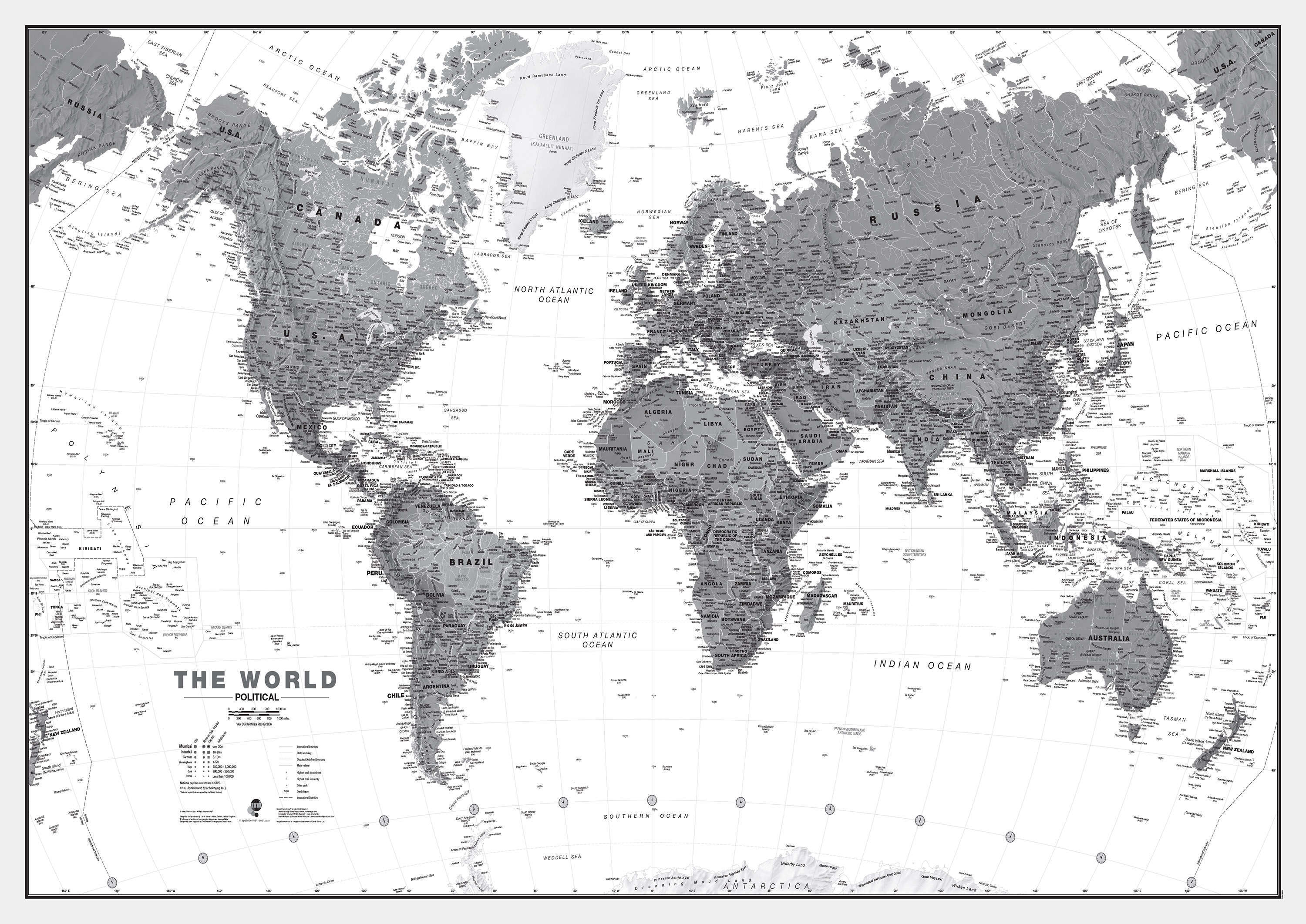 WM01642_H_LAMIN - World Wall Map Political Black & White
