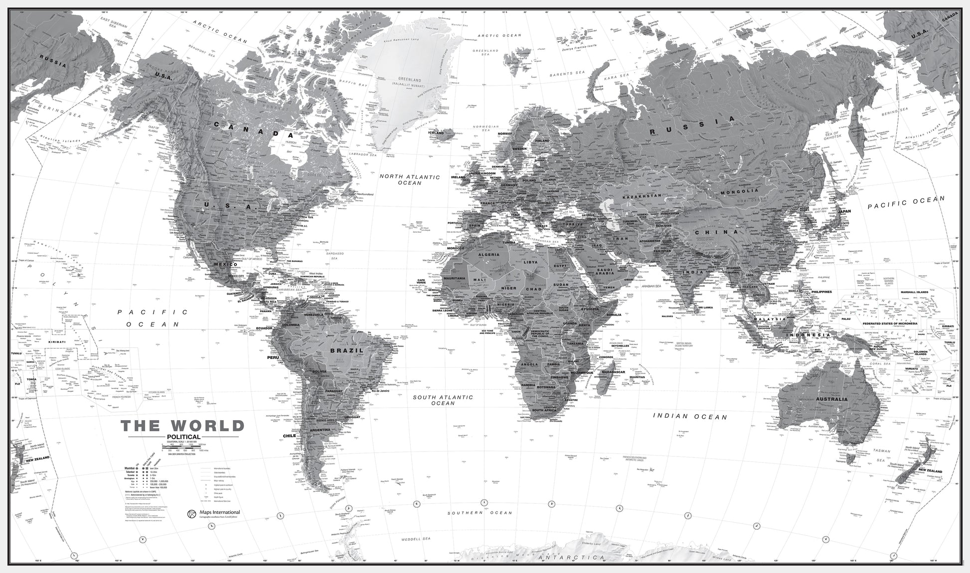 World Wall Map Political Black White