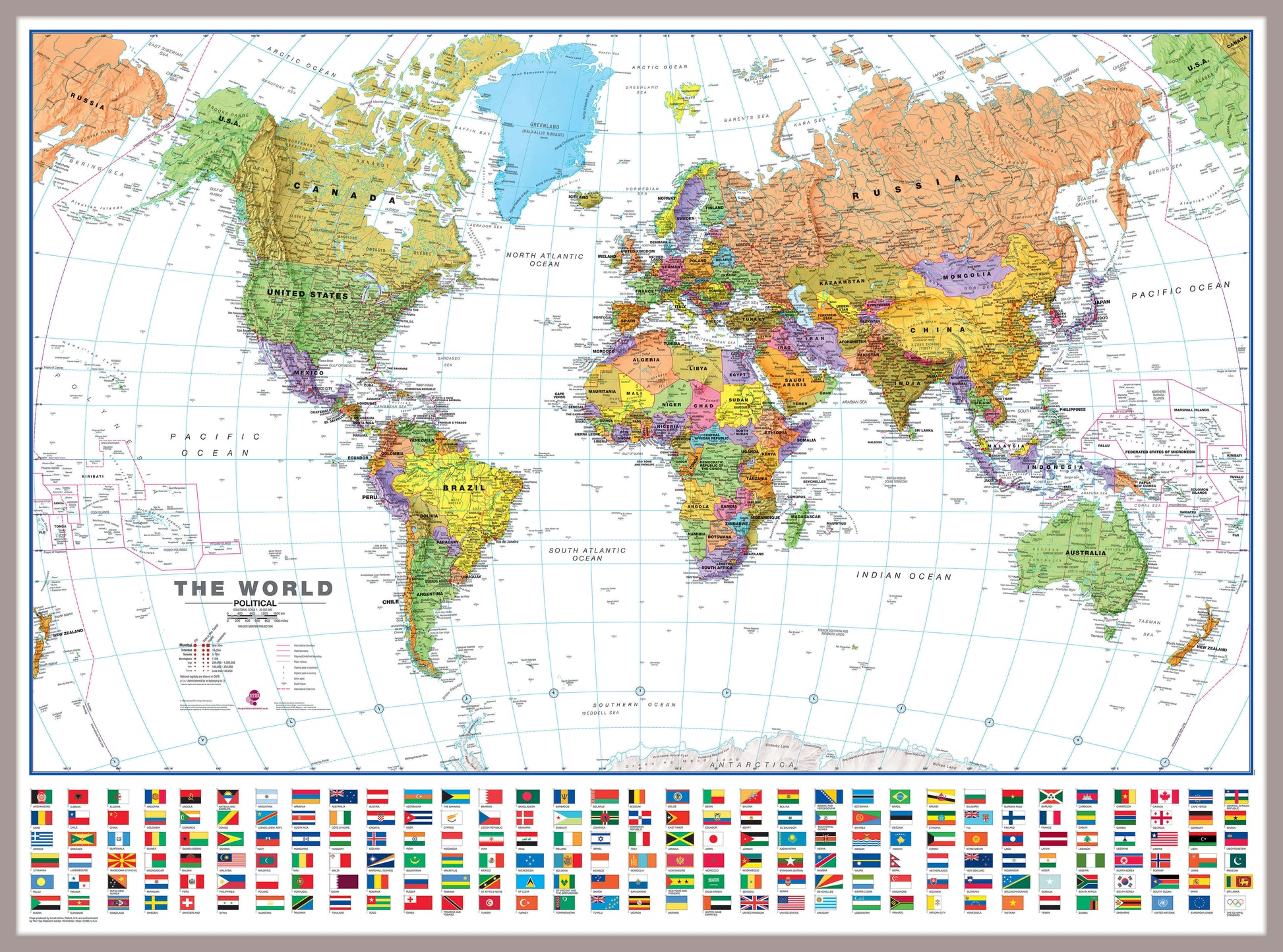 WM00401_L_MGFAL - World Wall Map Political with flags White Ocean